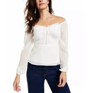 Q+A White Tie Ruched Long Sleeve Off Shoulder Top
